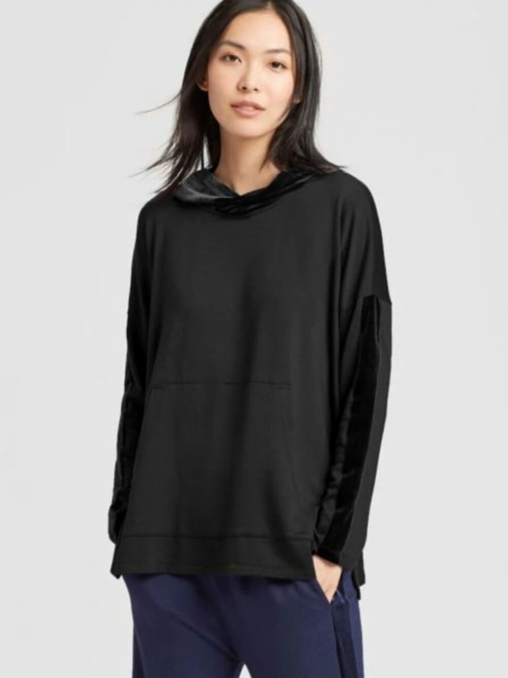Eileen Fisher Velvet Trim Pullover Hoodie Black Size PM Oversized